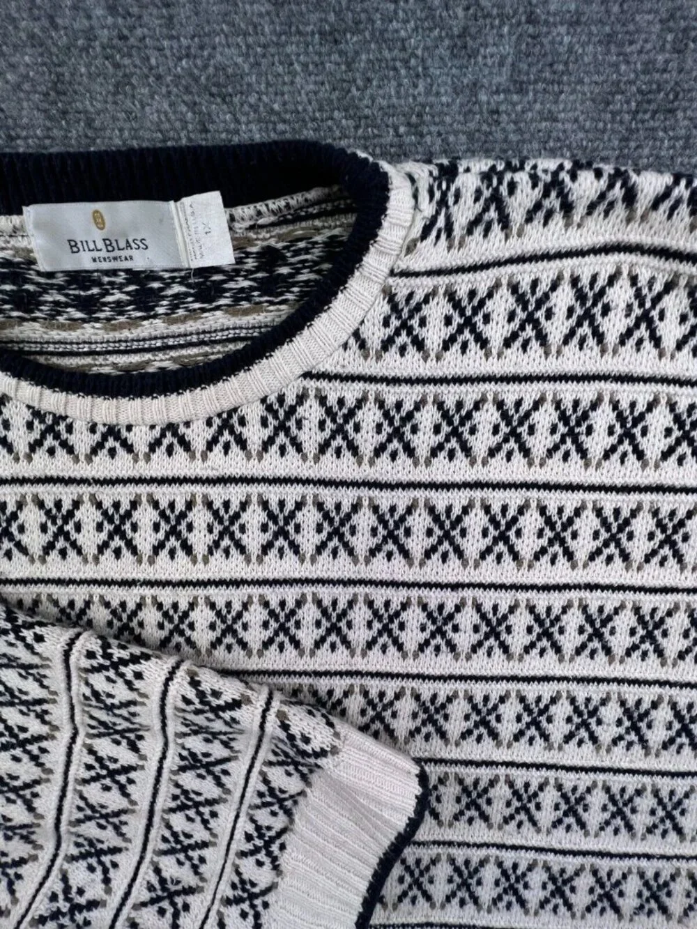 VTG Bill Blass Sweater Fair Isle Hand Framed USA Grandpa Blue White XL (1X) Men